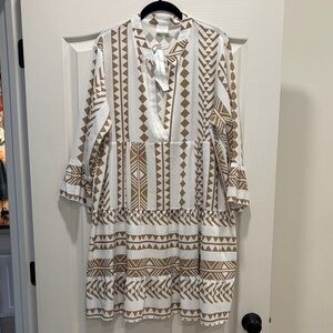 Silk & Salt White and Tan Geometric Print Dress